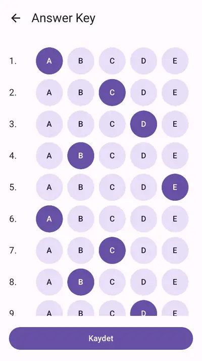Answer Key screen with A to E bubbles for each question and a Save button