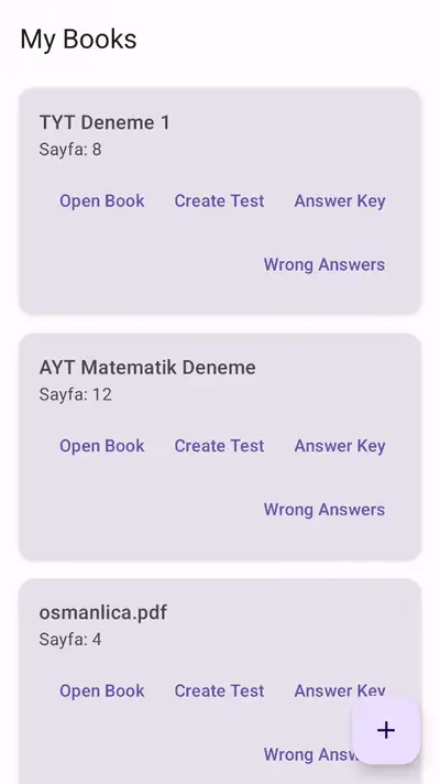 My Books screen with three example books and actions: Open Book, Create Test, Answer Key, Wrong Answers
